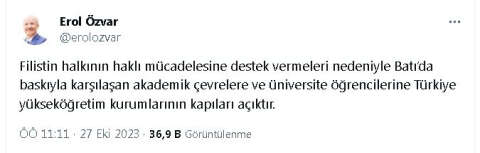 Özvar: Filistin'e destekleri nedeniyle baskı gören akademik çevrelere üniversitelerimiz açıktır