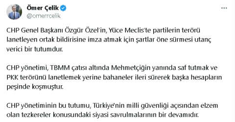 AK Parti'li Çelik: CHP yönetimi, başka hesapların peşinde koşmuştur