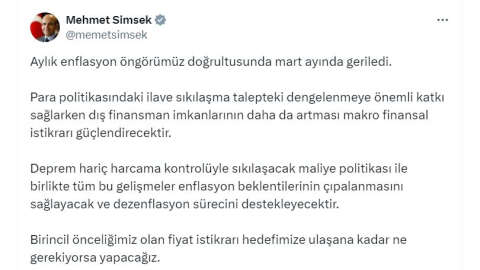 Bakan Şimşek: Aylık enflasyon geriledi