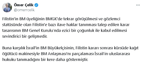 AK Parti'li Çelik: Uluslararası toplum, Filistin devletinin tanınması için BMGK'ya baskı yapmalı