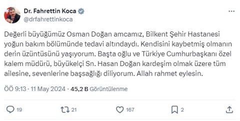 Cumhurbaşkanlığı Özel Kalem Müdürü Hasan Doğan'ın babası vefat etti
