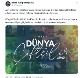 Cumhurbaşkanı Erdoğan'dan 'Dünya Çiftçiler Günü' mesajı