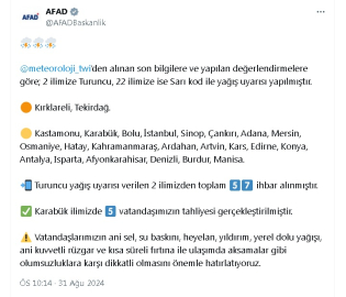AFAD: 2 ilde 'Turuncu', 22 ilde 'Sarı' kod ile yağış uyarısı yapılmıştır
