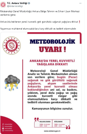 Ankara Valiliği'nden kuvvetli yağış uyarısı