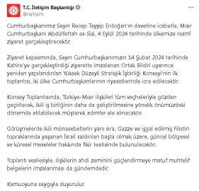 Mısır Cumhurbaşkanı Sisi, Türkiye'ye geliyor