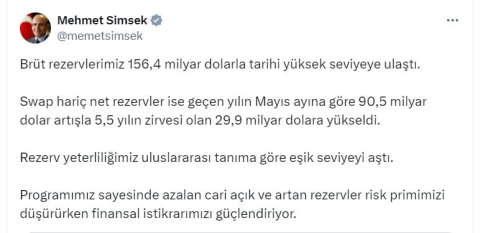 Bakan Şimşek: Brüt rezervlerimiz 156,4 milyar dolarla tarihi yüksek seviyeye ulaştı