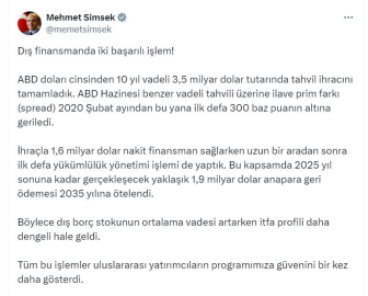 Bakan Şimşek: 3,5 milyar dolar tutarında tahvil ihracını tamamladık