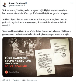 Kurtulmuş'tan, Tük kadınının seçme ve seçilme hakkı kazanmasının yıl dönümü mesajı