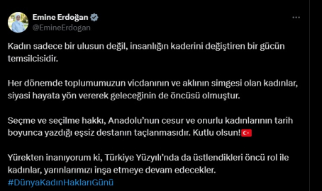 Emine Erdoğan'dan '5 Aralık Dünya Kadın Hakları Günü' mesajı