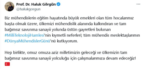 Haluk Görgün'den 'Dünya Mühendisler Günü' mesajı