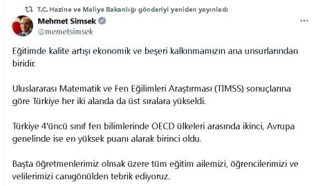 Bakan Şimşek'ten 'TIMSS 2023' açıklaması