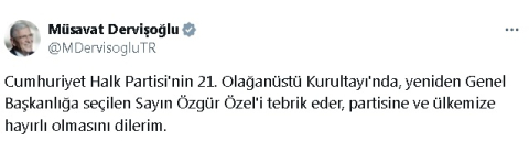 Dervişoğlu'ndan yeniden genel başkanlığa seçilen Özel'e tebrik mesajı