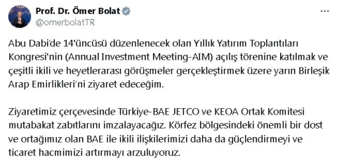 Bakan Bolat, Birleşik Arap Emirlikleri'ne gidiyor