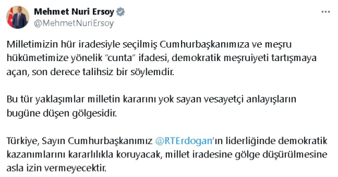 Bakan Ersoy: Cumhurbaşkanımıza yönelik 'cunta' ifadesi, son derece talihsiz bir söylemdir