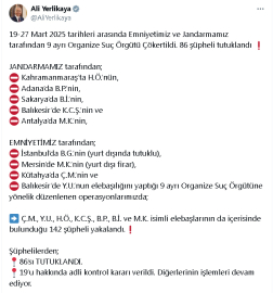 8 ilde suç örgütü operasyonları; 86 şüpheli tutuklandı
