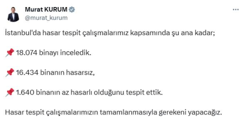 Bakan Kurum: İstanbul'da 1640 bina az hasarlı