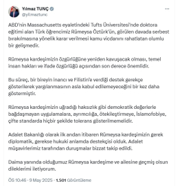 Bakan Tunç: Rümeysa'nın serbest bırakılması kamu vicdanını rahatlatmıştır