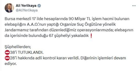 Bursa merkezli 17 ilde suç örgütü operasyonu; 38 tutuklama