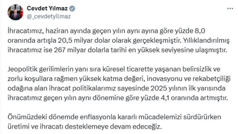 Cevdet Yılmaz: Yıllıklandırılmış ihracatımız tarihi en yüksek seviyesine ulaşmıştır