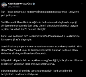 Bakan Uraloğlu: İran'da kalan uçaklarımızı Türkiye'ye geri getiriyoruz