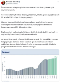 Bakan Şimşek: İhracat rakamları sağlıklı büyüme dinamiğine işaret