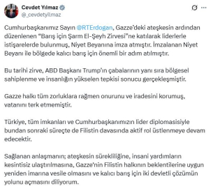 Cevdet Yılmaz: Türkiye, Filistin davasında aktif rol üstlenmeye devam edecektir