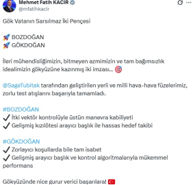 Bakan Kacır: Yerli ve milli hava-hava füzelerimiz, zorlu test atışlarını başarıyla tamamladı