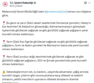 İçişleri Bakanlığı'ndan 9 kent için 'sarı' kodlu uyarı