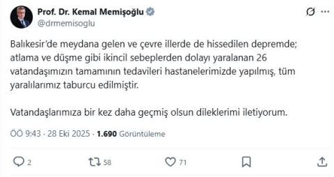 Bakan Memişoğlu: Balıkesir'deki depremde yaralanan 26 kişi taburcu edildi