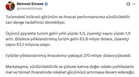 Bakan Şimşek: Turizmdeki istikrar ve ihracat performansımız, cari denge hedefimizi destekliyor