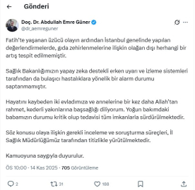 İstanbul - İl Sağlık Müdürü Güner: Gıda zehirlenmelerinde olağan dışı artış tespit edilmemiştir