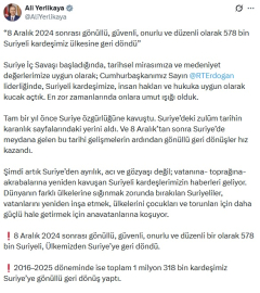 Bakan Yerlikaya: 8 Aralık 2024 sonrası 578 bin Suriyeli ülkesine geri döndü