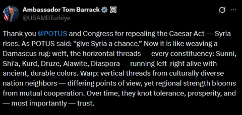 ABD Suriye Özel Temsilcisi Barrack'tan 'Sezar Yasası' teşekkürü