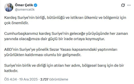 AK Parti'li Çelik: ABD'nin Suriye'ye yaptırımları kaldırması olumlu bir gelişmedir