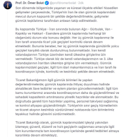 Bakan Bolat: Türkiye-İran arasında günübirlik yolcu geçişleri karşılıklı olarak durduruldu