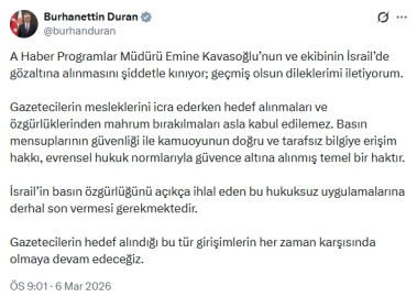 İletişim Başkanı Duran: Emine Kavasoğlu’nun ve ekibinin İsrail’de gözaltına alınmasını kın��yorum