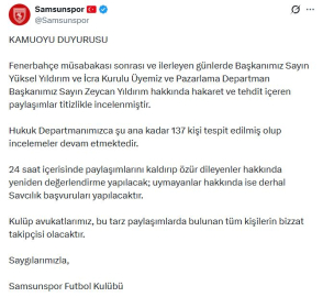 Samsunspor, hakaret ve tehdit paylaşımları için 137 kişi hakkında hukuki işlem başlatacak