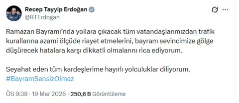 Cumhurbaşkanı Erdoğan’dan bayramda trafiğe çıkacak vatandaşlara mesaj