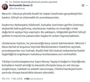İletişim Başkanı Duran: Mescid-i Aksa’ya yönelik baskın, bilinçli ve sistematik bir provokasyondur