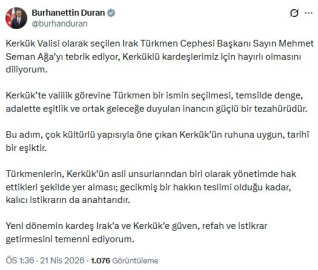 İletişim Başkanı Duran'dan Kerkük Valisi seçilen Mehmet Seman Ağa'ya tebrik