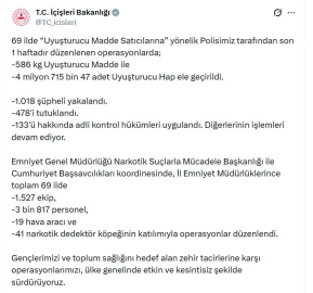 69 ilde uyuşturucu operasyonu: 478 tutuklama