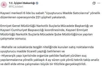 Kayseri merkezli 6 ilde 'uyuşturucu' operasyonu: 221 gözaltı