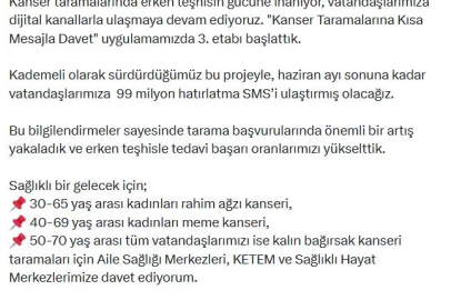 Bakan Memişoğlu: 'Kanser Taramalarına Kısa Mesajla Davet' uygulamasında 3'üncü etabı başlattık